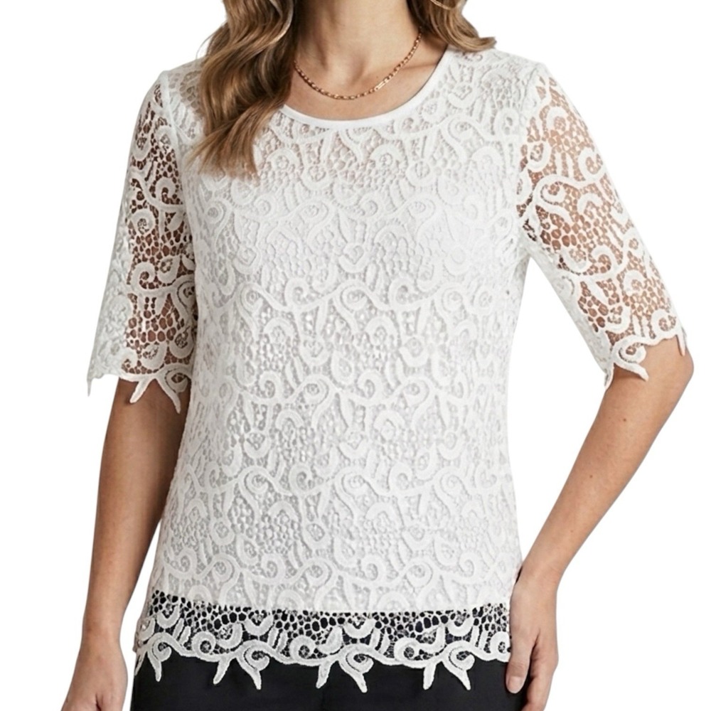 PHILOSOPHY White Lace Blouse sz M Business Casual Romantic Cottagecore Layering